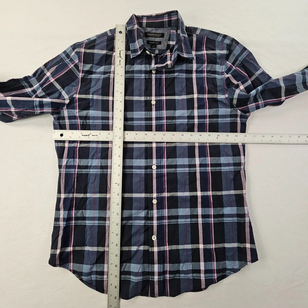 Banana Republic Custom 078 Wash Blue Plaid Grant Fit Button-Up Shirt Men's M